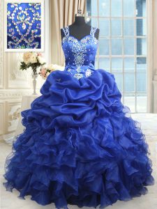 Fabulous Straps Pick Ups Royal Blue Sleeveless Organza Zipper Sweet 16 Dresses for Military Ball and Sweet 16 and Quinceanera