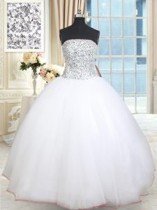White Quince Ball Gowns Military Ball and Sweet 16 and Quinceanera and For with Beading and Sequins Strapless Sleeveless Lace Up