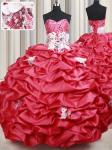 Gorgeous Sleeveless With Train Beading and Appliques and Sequins and Pick Ups Lace Up Sweet 16 Dress with Coral Red Brush Train