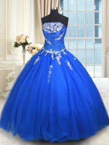 Nice Blue Strapless Lace Up Beading and Appliques Sweet 16 Dress Sleeveless