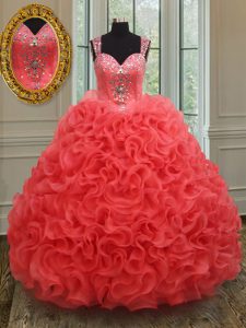 Exceptional Coral Red Ball Gowns Organza Straps Sleeveless Beading Floor Length Zipper Sweet 16 Dress