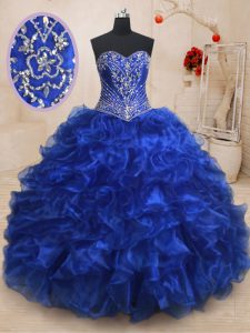 Elegant Royal Blue Organza Lace Up Sweet 16 Dress Sleeveless With Brush Train Beading and Ruffles