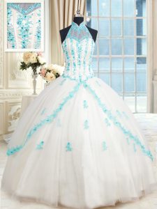 On Sale Halter Top Sleeveless Beading and Appliques Lace Up Quinceanera Gown