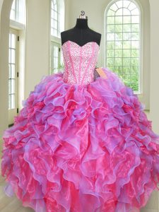 High Quality Multi-color Organza Lace Up Vestidos de Quinceanera Sleeveless Floor Length Beading and Ruffles