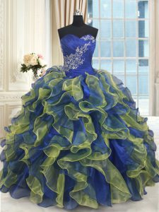 Romantic Multi-color Ball Gowns Beading and Ruffles Quince Ball Gowns Lace Up Organza Sleeveless Floor Length