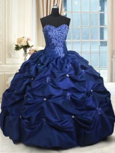 Luxury Sleeveless Taffeta Floor Length Lace Up Sweet 16 Dresses in Navy Blue with Appliques and Pick Ups