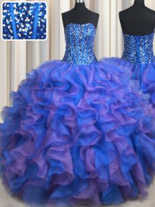 Floor Length Lace Up 15 Quinceanera Dress Blue and Purple for Military Ball and Sweet 16 and Quinceanera with Beading and Ruffles