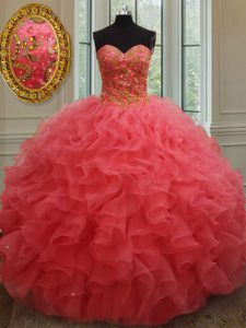Coral Red Ball Gowns Organza Sweetheart Sleeveless Beading and Ruffles Floor Length Lace Up Quinceanera Dresses