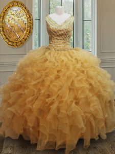 Stunning Gold Ball Gowns Beading and Ruffles Quinceanera Dresses Zipper Organza Sleeveless Floor Length