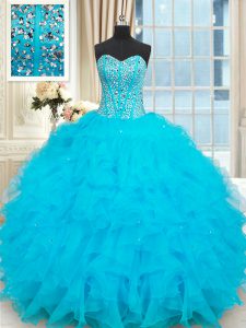 Baby Blue Vestidos de Quinceanera Military Ball and Sweet 16 and Quinceanera and For with Beading and Ruffles Sweetheart Sleeveless Lace Up