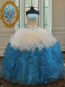 Amazing Strapless Sleeveless Organza Sweet 16 Quinceanera Dress Beading and Ruffles Lace Up
