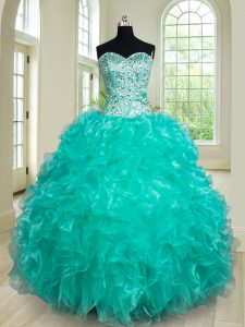 Pretty Ball Gowns Ball Gown Prom Dress Turquoise Sweetheart Organza Sleeveless Floor Length Lace Up