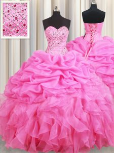 Inexpensive Floor Length Rose Pink Sweet 16 Quinceanera Dress Organza Sleeveless Beading and Ruffles and Pick Ups
