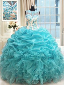Flirting Scoop Floor Length Zipper 15th Birthday Dress Aqua Blue for Military Ball and Sweet 16 and Quinceanera with Appliques and Ruffles and Pick Ups