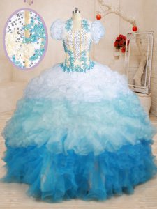 Comfortable Multi-color Organza Lace Up Sweetheart Sleeveless With Train Quince Ball Gowns Brush Train Beading and Appliques and Ruffles
