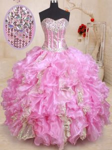 Elegant Lilac Lace Up Sweetheart Beading and Ruffles and Sequins Quinceanera Dress Organza Sleeveless