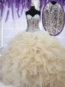 Trendy Champagne Ball Gowns Beading and Ruffles Quince Ball Gowns Lace Up Organza Sleeveless Floor Length