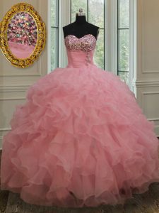 Custom Fit Sweetheart Sleeveless Organza Quinceanera Gowns Beading and Ruffles and Sequins Lace Up