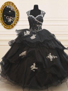Black Cap Sleeves Organza Zipper 15 Quinceanera Dress for Military Ball and Sweet 16 and Quinceanera