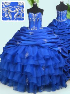 Royal Blue Ball Gowns Beading and Ruffled Layers and Pick Ups Quinceanera Gowns Lace Up Organza and Taffeta Sleeveless With Train