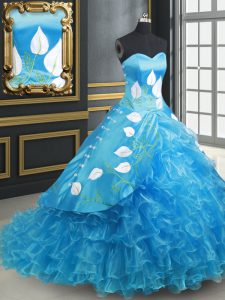 Glittering With Train Baby Blue Quinceanera Dress Organza and Taffeta Brush Train Sleeveless Embroidery and Ruffled Layers