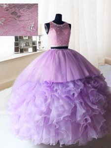 Scoop Sleeveless Organza and Tulle Floor Length Zipper 15 Quinceanera Dress in Lilac with Beading and Ruffles