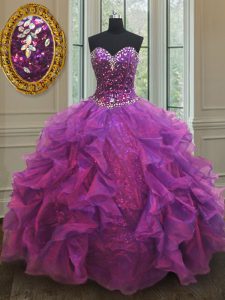 Wonderful Purple Sleeveless Beading and Ruffles and Sequins Floor Length Sweet 16 Dress