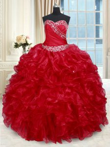 Pretty Sweetheart Sleeveless Quinceanera Gowns Floor Length Beading and Ruffles Red Organza