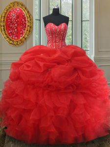 Red Sweetheart Neckline Beading and Ruffles and Pick Ups 15 Quinceanera Dress Sleeveless Lace Up