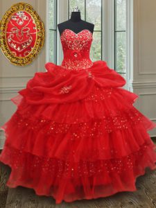Traditional Red Organza Lace Up Sweetheart Sleeveless Floor Length Quinceanera Gown Beading and Ruffled Layers and Sequins and Pick Ups