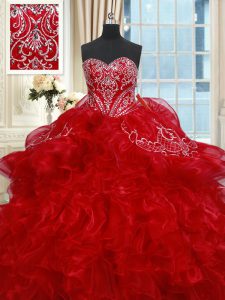 Most Popular Floor Length Lace Up 15 Quinceanera Dress Red for Military Ball and Sweet 16 and Quinceanera with Beading and Ruffles