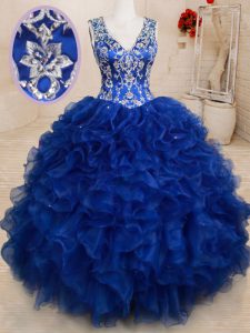 Top Selling Royal Blue Ball Gowns Organza V-neck Sleeveless Beading and Embroidery and Ruffles Floor Length Backless Quinceanera Dress