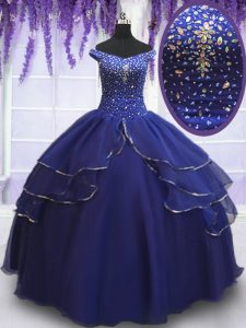Amazing Off the Shoulder Royal Blue Sleeveless Beading and Ruffled Layers and Sequins Floor Length Vestidos de Quinceanera