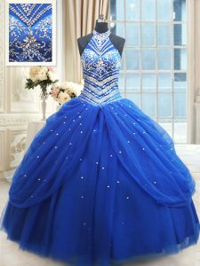 Fashion Halter Top Pick Ups Floor Length Ball Gowns Sleeveless Royal Blue Quinceanera Gowns Lace Up