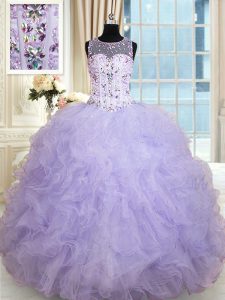 Glittering Scoop Sleeveless Floor Length Beading and Ruffles Lace Up Sweet 16 Dress with Lavender