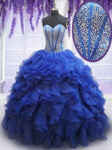Hot Sale Sleeveless Floor Length Beading and Ruffles Lace Up Sweet 16 Dress with Royal Blue
