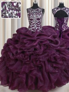 Scoop Pick Ups Dark Purple Sleeveless Organza Lace Up Quinceanera Dresses for Military Ball and Sweet 16 and Quinceanera