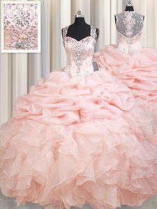 Modern Straps Pink Zipper Quince Ball Gowns Beading and Ruffles and Pick Ups Sleeveless Brush Train