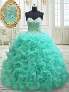 Brush Train Ball Gowns 15th Birthday Dress Apple Green Sweetheart Organza Sleeveless Lace Up