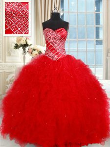 Simple Red Tulle Lace Up Sweetheart Sleeveless Floor Length Quinceanera Dress Beading and Ruffled Layers
