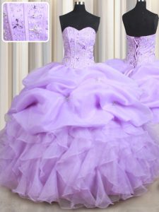 Vintage Beading and Ruffles and Pick Ups 15th Birthday Dress Lavender Lace Up Sleeveless Floor Length