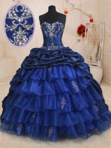 Sweetheart Sleeveless Quince Ball Gowns With Brush Train Beading and Ruffled Layers and Pick Ups Royal Blue Organza and Taffeta