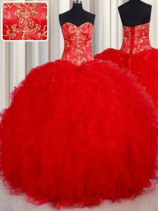 Beading and Embroidery Quinceanera Gowns Red Lace Up Sleeveless Floor Length