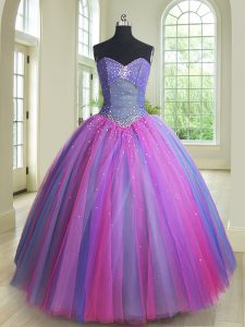 Graceful Multi-color Ball Gowns Sweetheart Sleeveless Tulle Floor Length Lace Up Beading Vestidos de Quinceanera