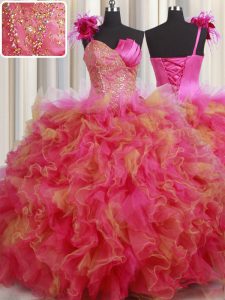 Custom Designed One Shoulder Sleeveless Floor Length Beading and Ruffles and Hand Made Flower Lace Up 15th Birthday Dress with Multi-color
