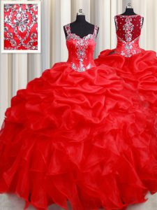 High Quality Straps Red Organza Zipper Quinceanera Gown Sleeveless Floor Length Beading and Ruffles
