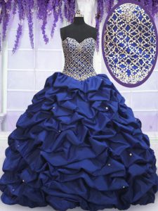 Royal Blue Ball Gowns Sweetheart Sleeveless Taffeta Floor Length Lace Up Beading and Pick Ups Quinceanera Dress