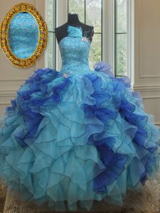 Customized Sleeveless Organza Floor Length Lace Up Quince Ball Gowns in Blue with Beading and Ruffles