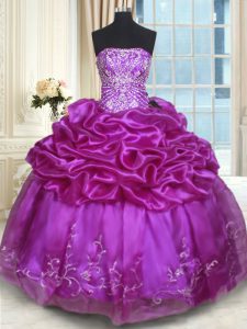 Glittering Eggplant Purple Organza Lace Up Ball Gown Prom Dress Sleeveless Floor Length Beading and Embroidery and Pick Ups