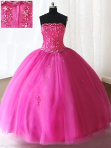 Simple Hot Pink Sweet 16 Quinceanera Dress Military Ball and Sweet 16 and Quinceanera and For with Beading Strapless Sleeveless Lace Up